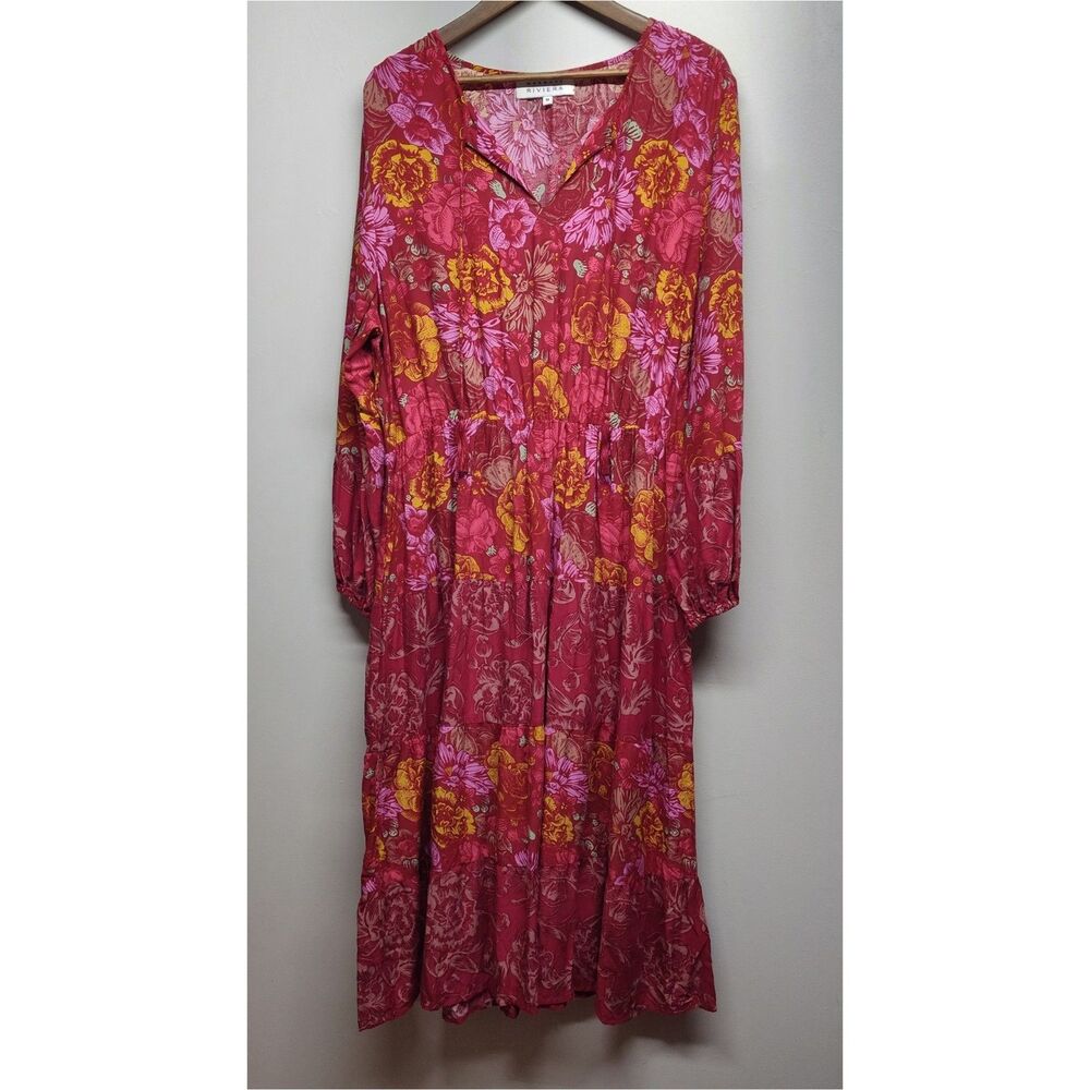 Margaux Riviera Maxi Dress Women 1X Red Floral Long Sleeve Boho-Chic Cottagecore